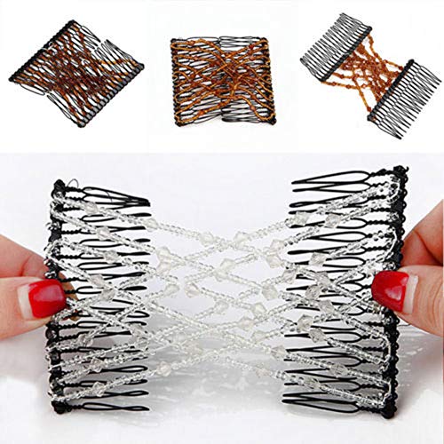 Gofypel Magic Hair Combs Vintage Bead Stretchy Magic Clips Double Hair Clip Women Girls Hairpins Crystal Stretch Pearls Hair Accessories Hair Jewelry Hair Styling Decoration 3Pcs #TOP2