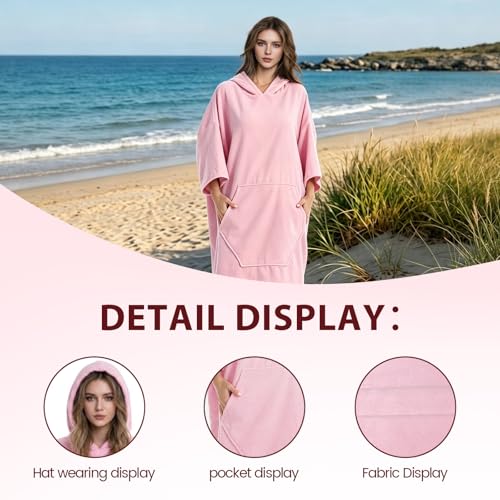 JACUOQIE JACUQIE Extra Large Surf Poncho Hooded Towel - Quick Dry Changing Robe for Adults - Soft Terry Cloth Swim Cover Up with Pocket - Portable Changing Room for Beach & Pool, Pink by JACUOQIE - Used condition - Image 4