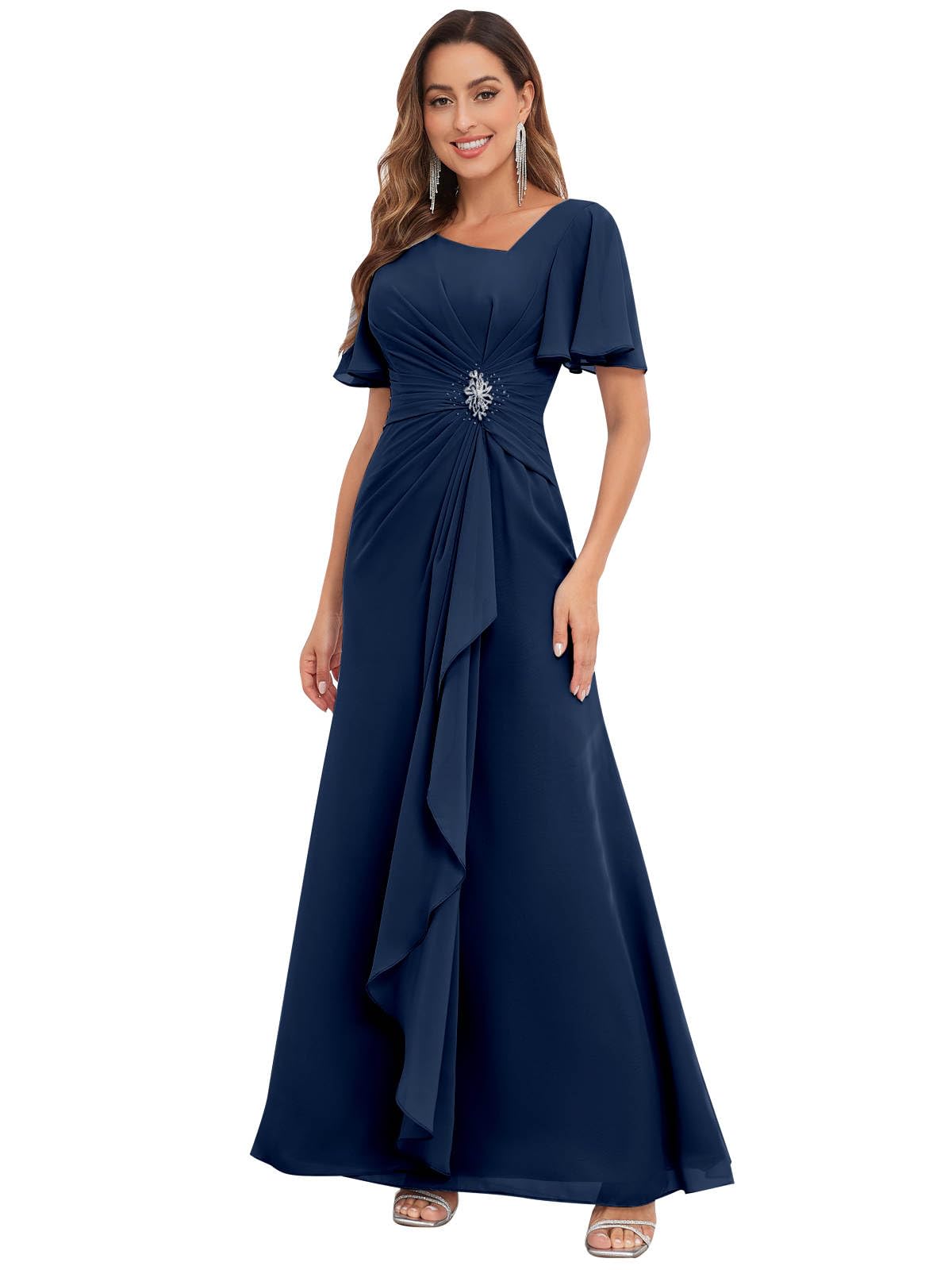 HANVAIOS Mother of The Bride Dresses for Wedding Long Chiffon V-Neck Formal Dress with Sleeves