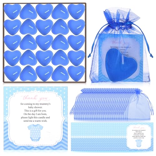 Threlaco 50 Sets Baby Shower Favors Include 50 Pcs Valentine Heart Shaped Tealight for Guests Baby Shower Candles Tealight with Thank Cards and 100 Pcs Gift Bags for Gender Reveal(Blue)