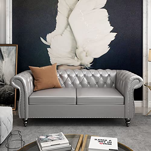Image of ORRD Chesterfield Loveseat, Modern Leather Sofa Tufted Couch 2 Seater with Rolled Arms and Nailhead for Living Room, Bedroom, Office, Apartment (Grey)