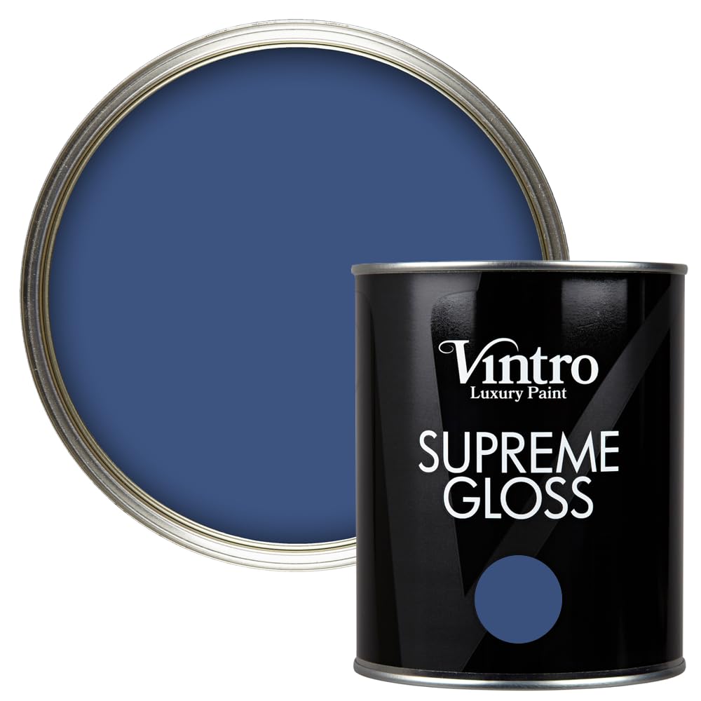 Vintro Paint | Gloss Paint | for Walls | Wood | Trim | Gloss Furniture Paint | Interior & Exterior Use. 1 Litre (Deep Blue - Paris Blue)
