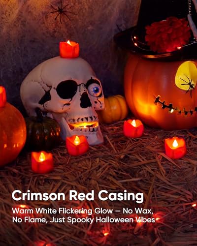Image of Homemory 48-Pack Halloween Red Dripping Flameless Tea Lights, Battery Operated Flickering LED Candles, Safe for Pumpkins, Party & Holiday Decor, 1.58 inch D x 1.2 inch H, Warm White Glow