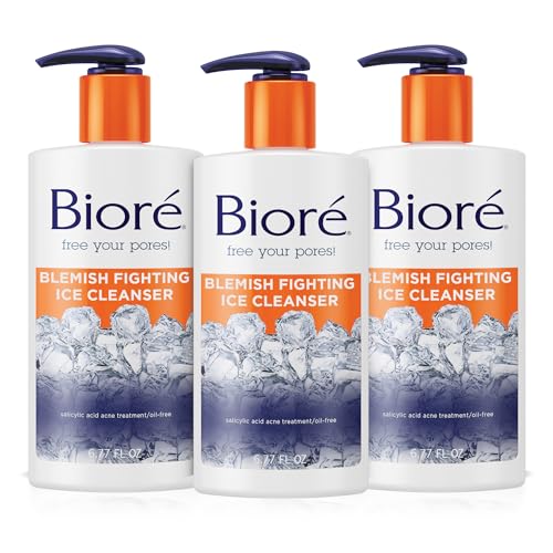 Biore Blemish Fighting Ice Cleanser Face Wash with Salicylic Acid, Clears and Helps Prevent Acne Breakouts, Cools & Refreshes Skin, Oil Free, 6.77 Oz (Pack of 3)