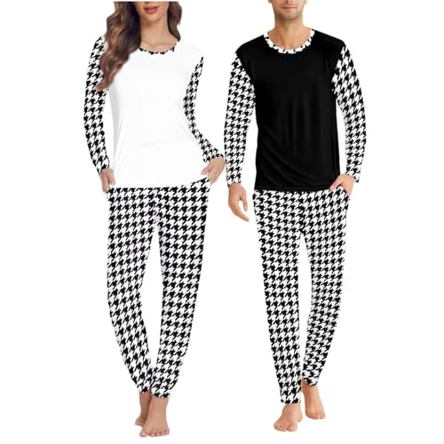 Matching Pajamas for Couples 3D Print Houndstooth Plaid Pattern Long-Sleeved Nightwear Round Neck