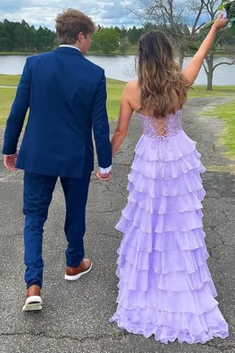 Strapless Ruffle Corset Prom Dress 2025 Long Tiered Formal Gowns Lace Chiffon Evening Dress with Slit4