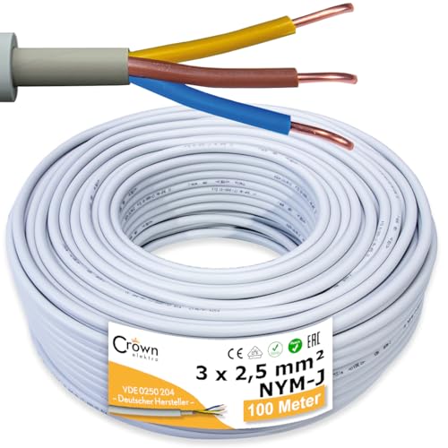 NYM-J 3x2,5mm² Kabel 100m | Feuchtraumkabel für 300V/500V | Elektrokabel 3-Adrig mit PVC Mantel | Ø2,5mm² Stromkabel für Elektroinstallation in Hellgrau | Kabellänge am Stück