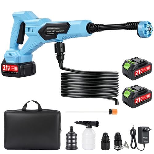 Nettoyeur Haute Pression sans Fil 120Bar/1700PSI,Pistolet Haute Pression sur Batterie 21V Moteur Cuivre,Buse 6-en-1,2x3.0Ah,Tuyau 5m,Débit 6L/Min,Filtre,pour Auto/Jardin/Terrasse-Noir Profond