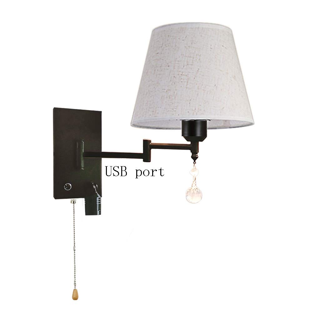 ZJZTD USB Wall Lamp Pull Chain and Knob Switch Arm Swing Wall Sconce E26/E27 Bedroom Bedside Metal &