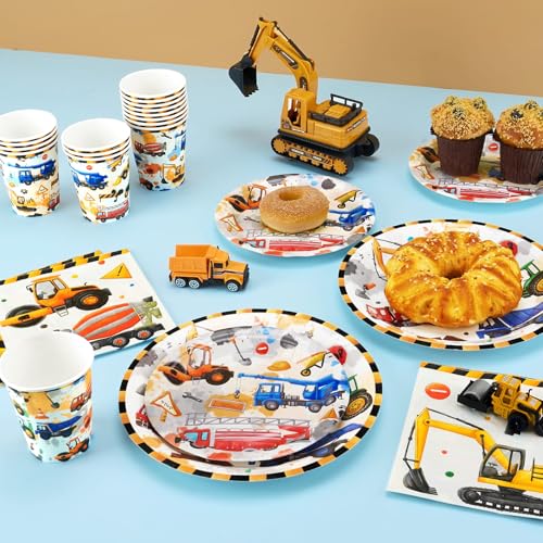 Wernnsai WR-CONSTRUCTION PARTY SUPPLIES-C003-US Construction Party Supplies Set - 64 Pcs Dump Truck Theme Birthday Party Decorations Disposable Paper Plates Cups Napkins Tableware For Boys Kids Baby Shower Excavator Birthday Party Decor thumb #3