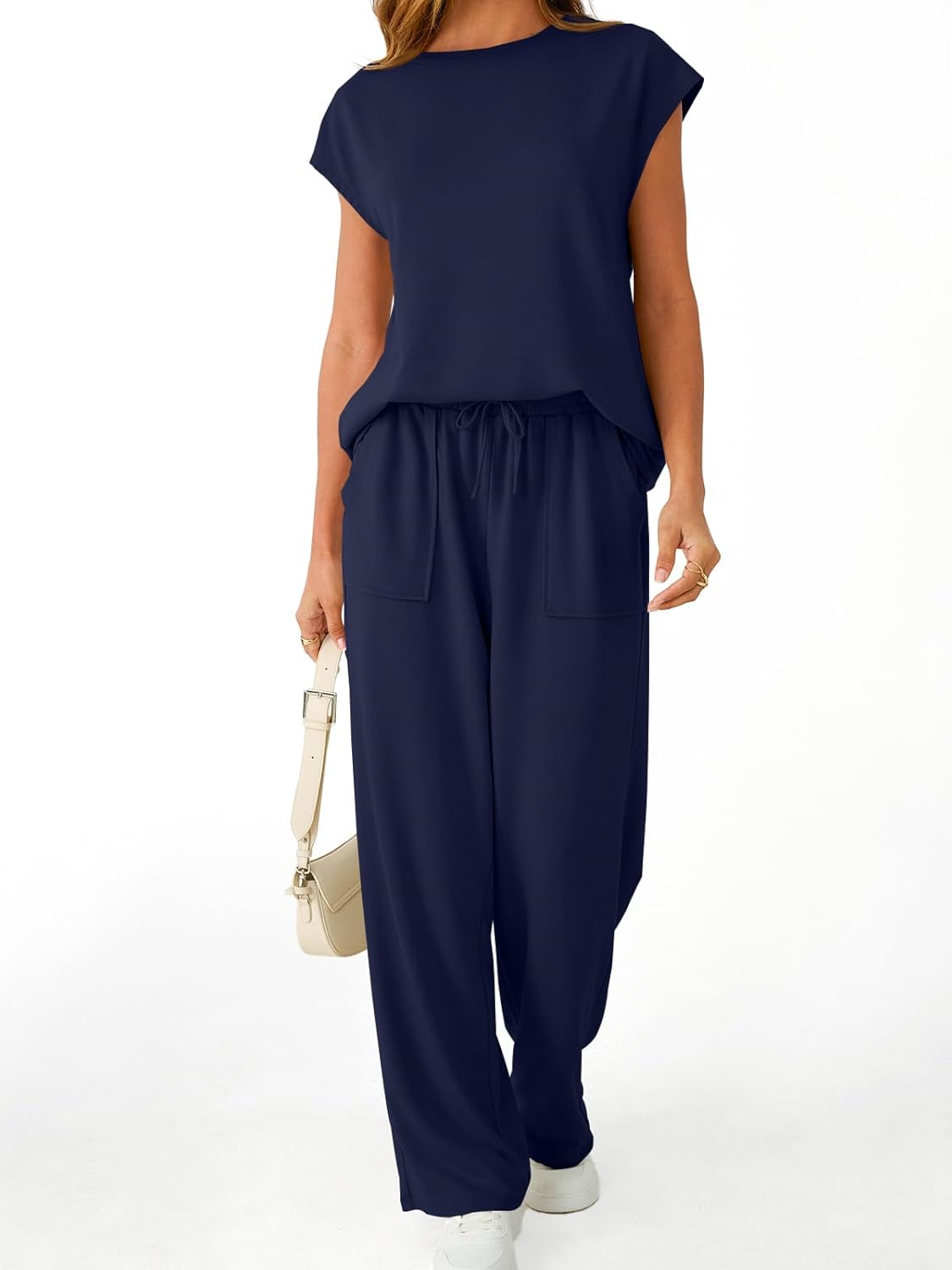 AUTOMET Women's 2 Piece Lounge Set Casual Cap Sleeve Top Wide Leg Pants Summer Vacation Outfits - Image 4