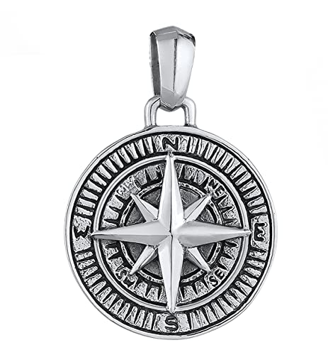 Pendentif boussole argent massif 925 fini de ternir, collier rose des vents homme robuste 30 mm