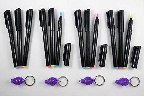 DirectGlow 12 Invisible Ink Markers & 4 UV LED Lights UltraViolet Blacklight Pens Blue Red Yellow Assorted