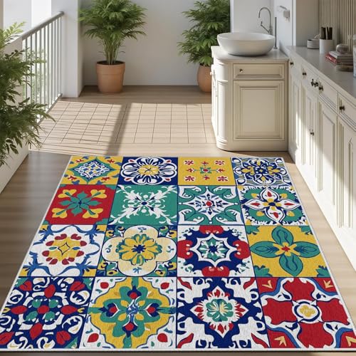 Tapis Boho Patchwork Floral 120x120cm antidérapant et lavable - 2