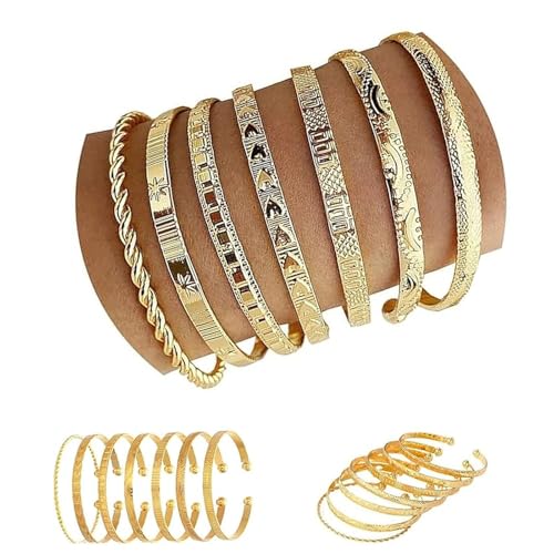 Feegela 7 Stück Gold Armreif Armbänder für Damen, 14k Vergoldet Multi Layer stapelbar Manschette Armband Set Offen Einstellbar Armreif Minimalist texturiert Boho Schmuck...