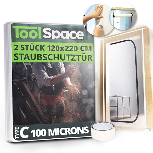 ToolSpace | Lot de 2 Portes de Protection Anti-Poussière avec Fermeture Éclair | 220 x 120 cm | TYPE C | Facile Montage | Réutilisable, Durable | Zippée | Bache de Protection Transparente Rénovation
