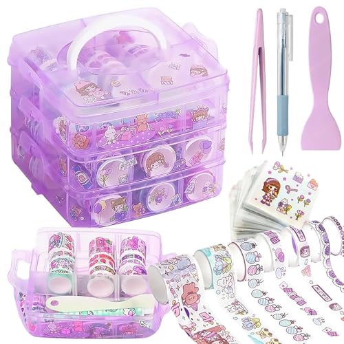 Image of Washi Tape Set - 100 Pcs Decorative Designer Tapes + 20 Kawaii Stickers, Tweezer, Pen, Spatula in 3-Layer Storage Box | Masking Tapes for DIY Crafts, Journaling, Scrapbooking (MODEL 1)