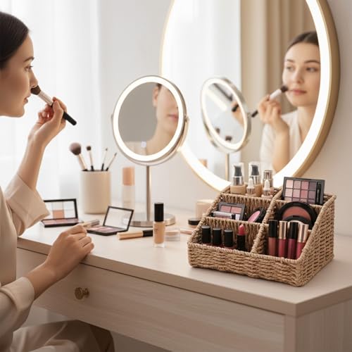 Image of Makeup Organizer, Hand-woven Wicker Basket for Dresser Vanity and Bathroom Countertop, 6 Compartment Skincare Organizer Cosmetic Display Case, Beauty Holder for Lipstick Brush Eyeshadow Palette