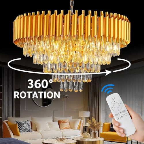 Image of RD.Enterprises|| Modern Crystal 5-Tier Gold Chandeliers | Bluetooth Remote Control and Speaker, Colour Changing | Moving Round | Ceiling Light Fixture for Living Room (Remote Full Gold, 600MM)