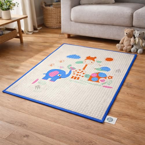 Image of Air-Filled Waterproof Baby Play Mat 60x90 cm Jungle Print Natural Latex Baby Massage & Crawling Mat Non-Toxic, Anti-Slip Baby Rubber Mat for Diaper Changing, Floor Play & Bed Protection Blue