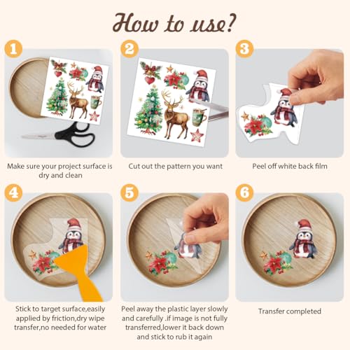 arricraft 12 Sheets Christmas Theme Rub on Transfers for Crafts and Furniture Santa Claus Penguin Elk Snowman Rub on Transfer Stickers PVC Rub on Decal for DIY Home Window Wood Decor 14x14cm - Image 4