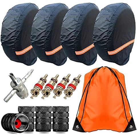 AOOTF RV Tire Covers Set of 4- Waterproof Tire Covers for RV Wheel Travel Trailer Camper Car Truck SUV Motorhome, Wheel Tire Protectors Fit 26" to 29", Safety Night Reflective, Valve Tools, Black Cover