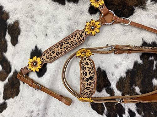 Showman Cheetah Inlay Headstall & Breast Collar Set W/Sunflower Accents, Medium, Average Full Size Horse #TOP1