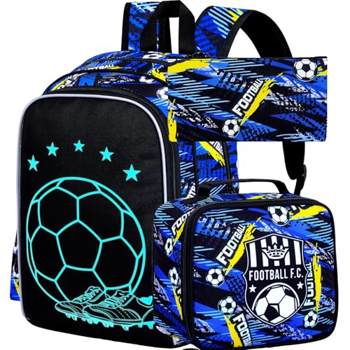 KLFVB Mochila infantil com 3 peças, mochila de futebol e lancheira de 43 cm, resistente à água, para