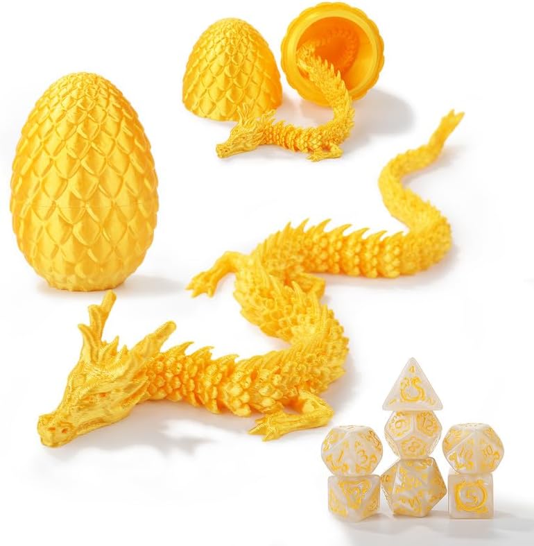 DND Dice Set 7 Pcs and 3D Printed Dragon Egg,D&D Dice Starter Games Fidget Toys Set for RPG MTG Table Games,Silk Gold