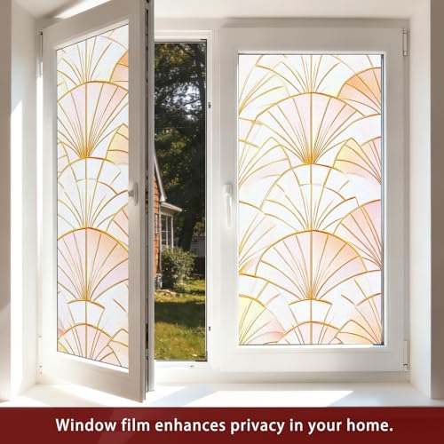 Image of Nuxovilar Frosted Gold Pink Fan Pattern Window Film 17.7x39.4 PVC | Geometric Fan, Gold Cling vintage pattern sticker, luxury glass wrap for living room bedroom office (Geometric Fan)