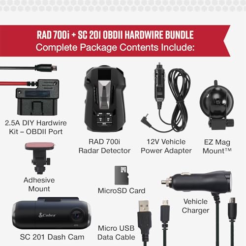 Image of Cobra RAD 700i Radar Detector & SC 201 Smart Dash Cam + 2.5A OBD Port to Micro USB DIY Easy Hardwire Kit: Long Range Rapid Radar Detection, Full HD 1080P Video + 16GB SD Card, Built-in WiFi & GPS