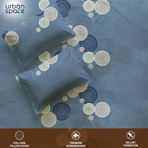 Image of Urban Space Serene 300TC 100% Cotton Bedsheet for Double Bed, Panel Design Bedsheet, Printed Queen Size Bed Sheet with 2 Pillow Covers (90 x 100 Inches, Moonstone Dusty Blue)