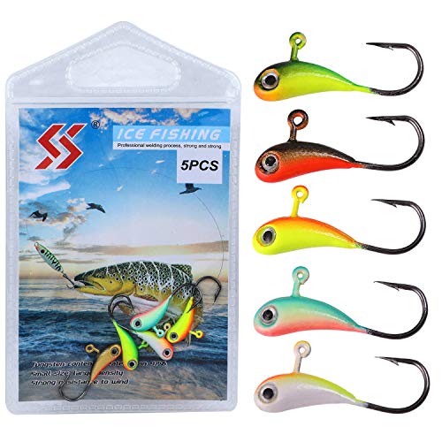 Sougayilang Ice Fishing Jigs, Winter Fishing Hard Lures With Treble Hooks, Red, Colors Fishing Bait Lure Kit In Tackle Box For Bass Pike Trout Walleye Saltwater Freshwater-5Pcs #TOP6