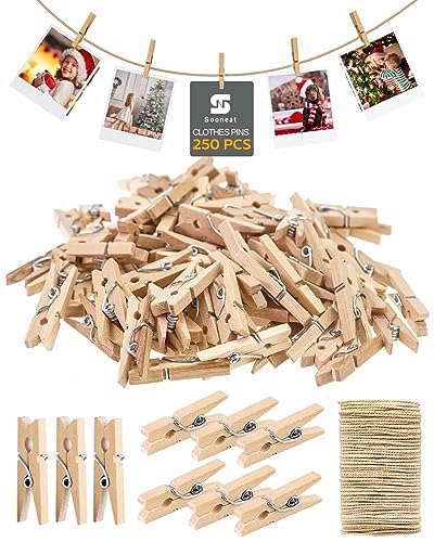 Mini Clothes Pins for Photo, Natural Small Wooden Clothespins 1 Inch Tiny Wood Decorative Clips Bulk, 33FT Jute Twine and Clothespins for Crafts Photos Pictures Baby Shower Game Classroom, 250 PCS