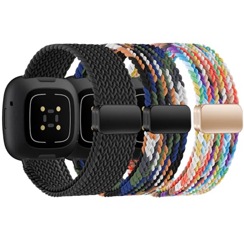 Image of HSWAI Magnetic Braided Compatible with Fitbit Versa 4 Bands for Women /Versa 3 /Sense /Sense 2 Bands, Soft Stretchy Sport Strap Woven Loop Elastic Nylon Wristbands Men