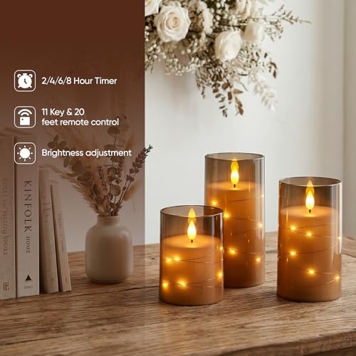 Image of Amagic Grey Battery Operated Candles with Embedded Fairy Lights, Acrylic Fake Pillar LED Flameless Candles with Remote and Timer for Wedding Home Decor, Set of 6, D3 x H4 5 inch 6 inch
