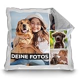 PR Print Royal Kissen mit Fotocollage selbst gestalten - mit 4 Fotos Personalisieren - Geschenk für Freunde und Familie | Rückseite Pastellgrau, inkl. Kissenfüllung, 40x40cm