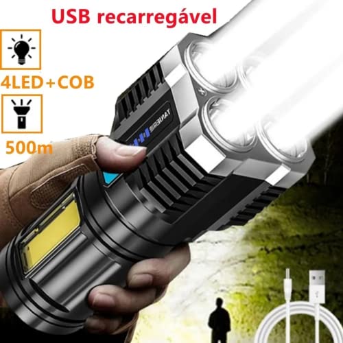 Lanterna de Led 4 Nucleos Tática Potente Recarregável Cabo USB Longo Alcance Com Luz de Leitura e Lu