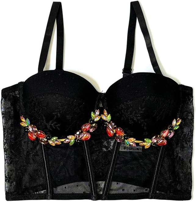JSEIAJB Black Lace Outerwear Bra with Colorful Beads Decoration Inner Vest Sexy Underwear Tube Top for Women