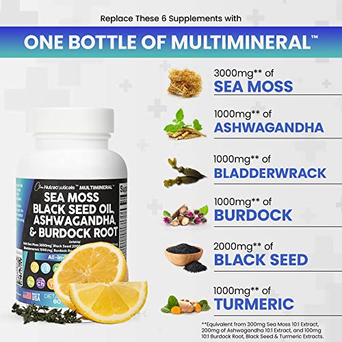 Sea Moss 3000Mg Black Seed Oil 2000Mg Ashwagandha 1000Mg Turmeric 1000Mg Bladderwrack 1000Mg Burdock 1000Mg & Vitamin C Vitamin D3 With Elderberry Manuka Dandelion Yellow Dock Iodine Chlorophyll Acv #TOP1