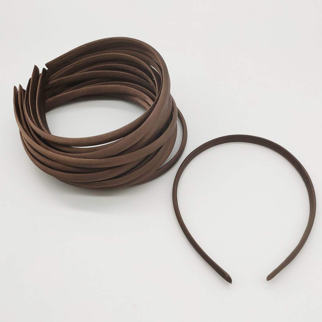 20Pcs 10mm Satin Covered Ribbon Headbands, Women Fabric DIY Hair Accessories (Brown)