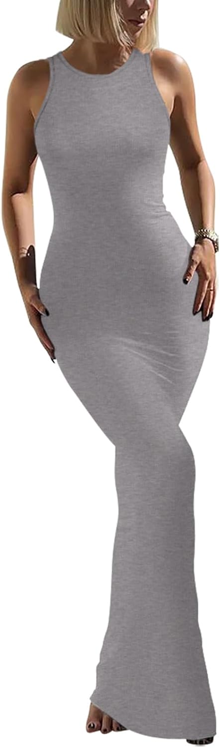 REORIA Women's Basic Summer Sexy Lounge Tank Long Dress Elegant Sleeveless Halter Neck Bodycon Maxi Dresses - Image 4