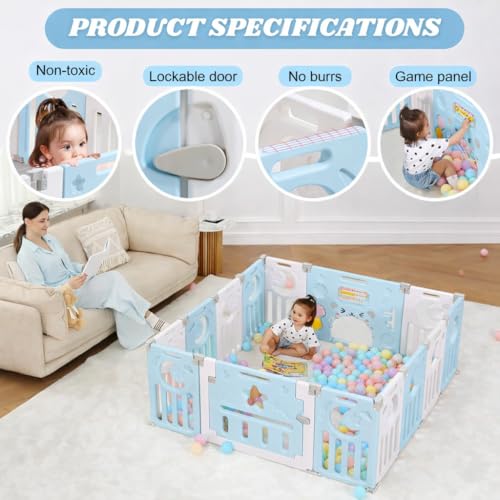 Image of 16 Panel Playpen for Babies Upto 5 Year Foldable Baby Kids Fence Playard Playpen with Mat & Balls Activity Play Yard for Kids Play Area Indoor Setup Fence for Toddlers Outdoor Playarea with Gate(Blue, 6 * 5ft=30sqft)