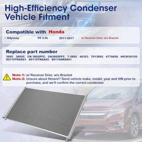 Image of Air Conditioning A /C Condenser Compatible with Honda Odyssey 2011-2017# 3892, 80110TK8A01, 80110TK8A02, 80110SK8A01