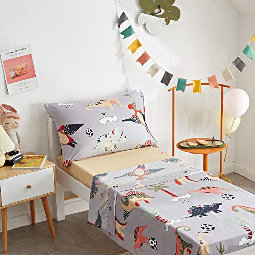 Uozzi Bedding 4 Piece Gray Dinosaurs Toddler Bedding Set With Colorful Dinos Boys Bed Comforter Sheet Set #TOP5