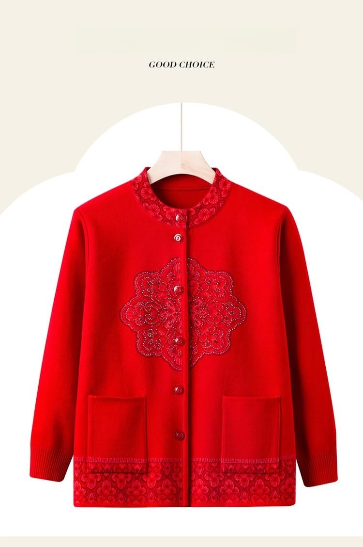 Cardigan Donna Invernale,Maglioni Cardigan Lavorati A Maglia per Donne Di Mezza Età E Anziane Magliette In Stile Cinese per Donne Anziane Stampe Retrò Maglioni Spessi Lavorati A Maglia Maglione