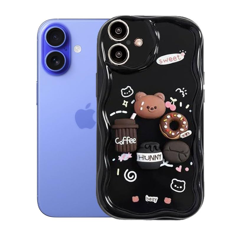 Image of ZR023 Compatible for iPhone 16 Cute Teddy Bear Design Back Cover | Soft Silicone Shockproof Protective Case | Slim Fit Stylish Camera Protection Phone Cover - Black
