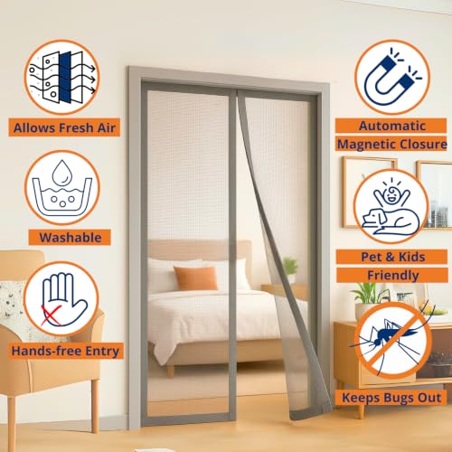 Image of Royalkart 105x215cm Grey | Magnetic Mosquito Net for Door | Fiberglass Screen Curtain with 34 Magnets | Auto-Closing Mesh to Keep Mosquitoes Out