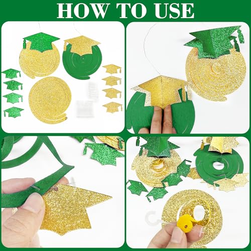 Image of 24Pcs Green Gold Graduation Grad Cap Hanging Felt Swirl Streamer Spiral Ceiling Garland for Congrats Grad You Did It Class of 2026 We are So Proud of You I'm Done Themed Party Decorations Supplies