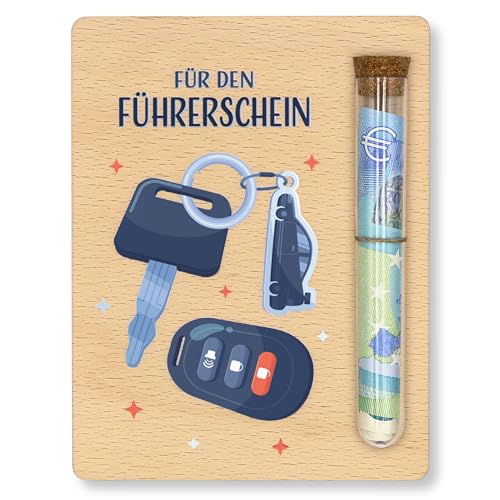 ZUKLA Verpackung für Geldgeschenke Führerschein Gutschein - 13 x 10 cm - mit Reagenzglas - Führerschein Geschenk - Geldgeschenk Verpackung Holz